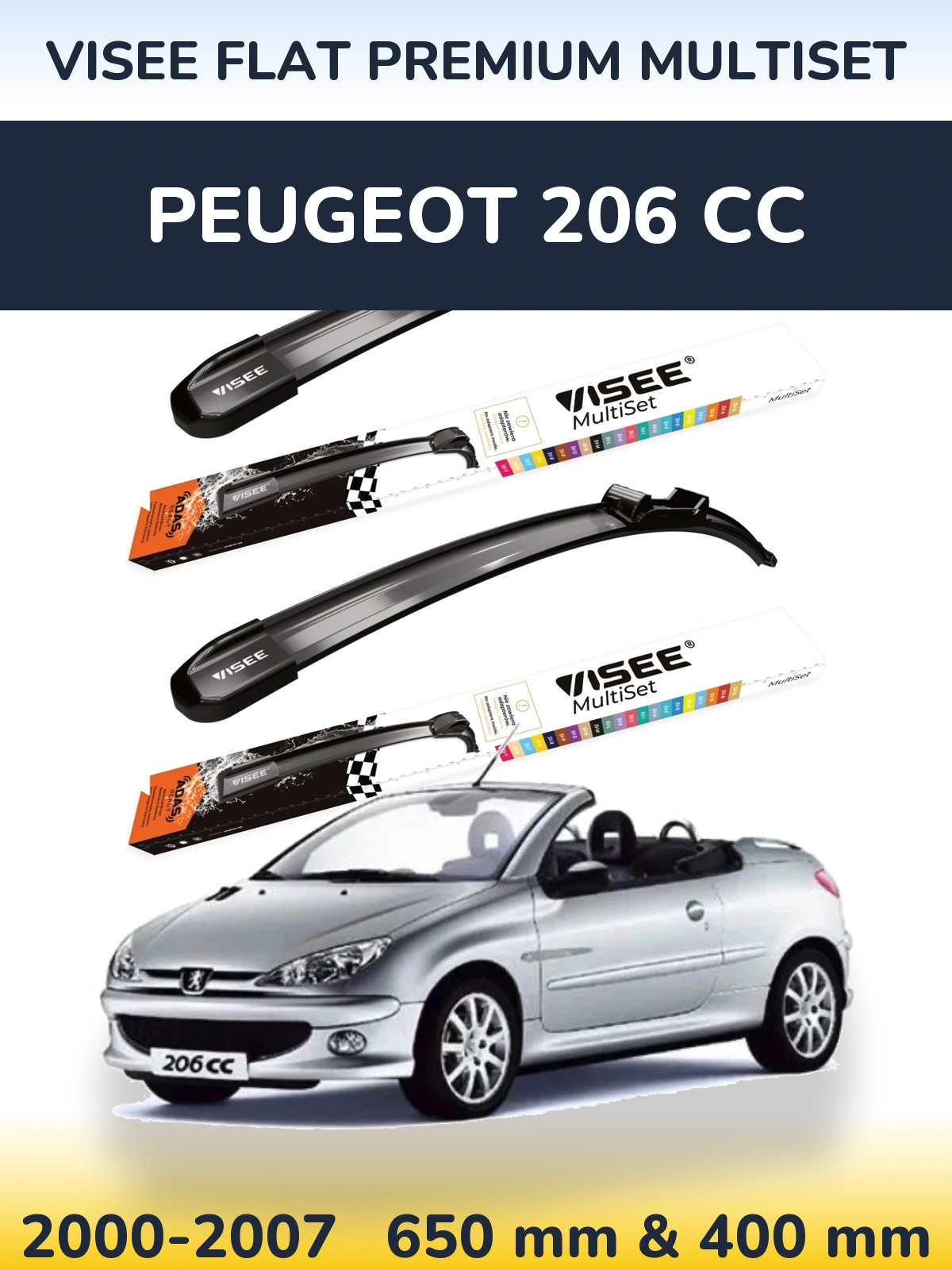 Sada předních stěračů VISEE FLAT PREMIUM MultiSet 650 a 400 mm pro Peugeot 206 CC 2000-2007