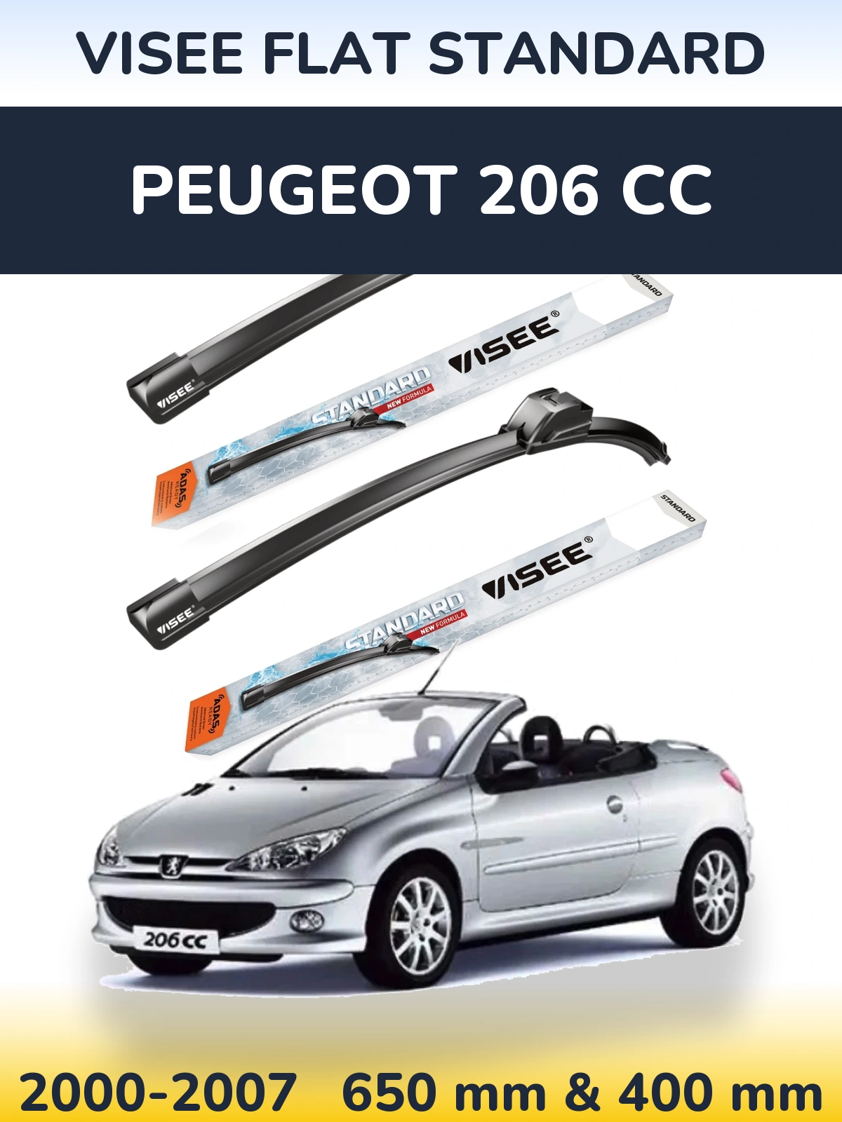 Sada předních stěračů VISEE FLAT STANDARD 650 a 400 mm pro Peugeot 206 CC 2000-2007