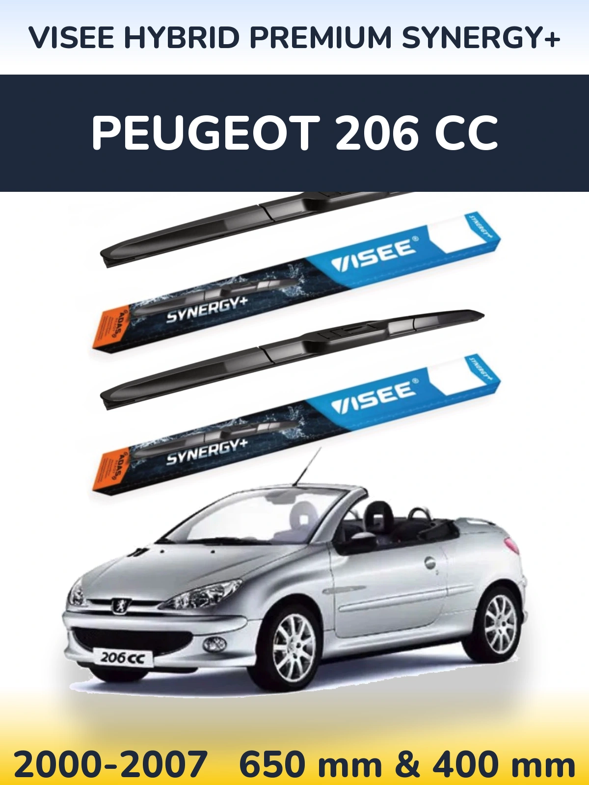 Sada předních stěračů VISEE HYBRID PREMIUM SYNERGY+ 650 a 400 mm pro Peugeot 206 CC 2000-2007