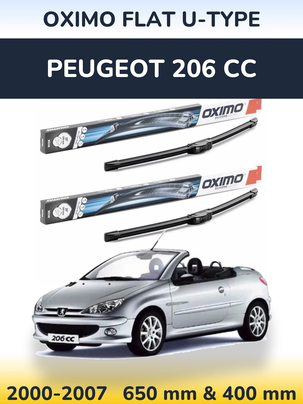 Sada předních stěračů Oximo Flat U-type 650 a 400 mm pro Peugeot 206 CC 2000-2007