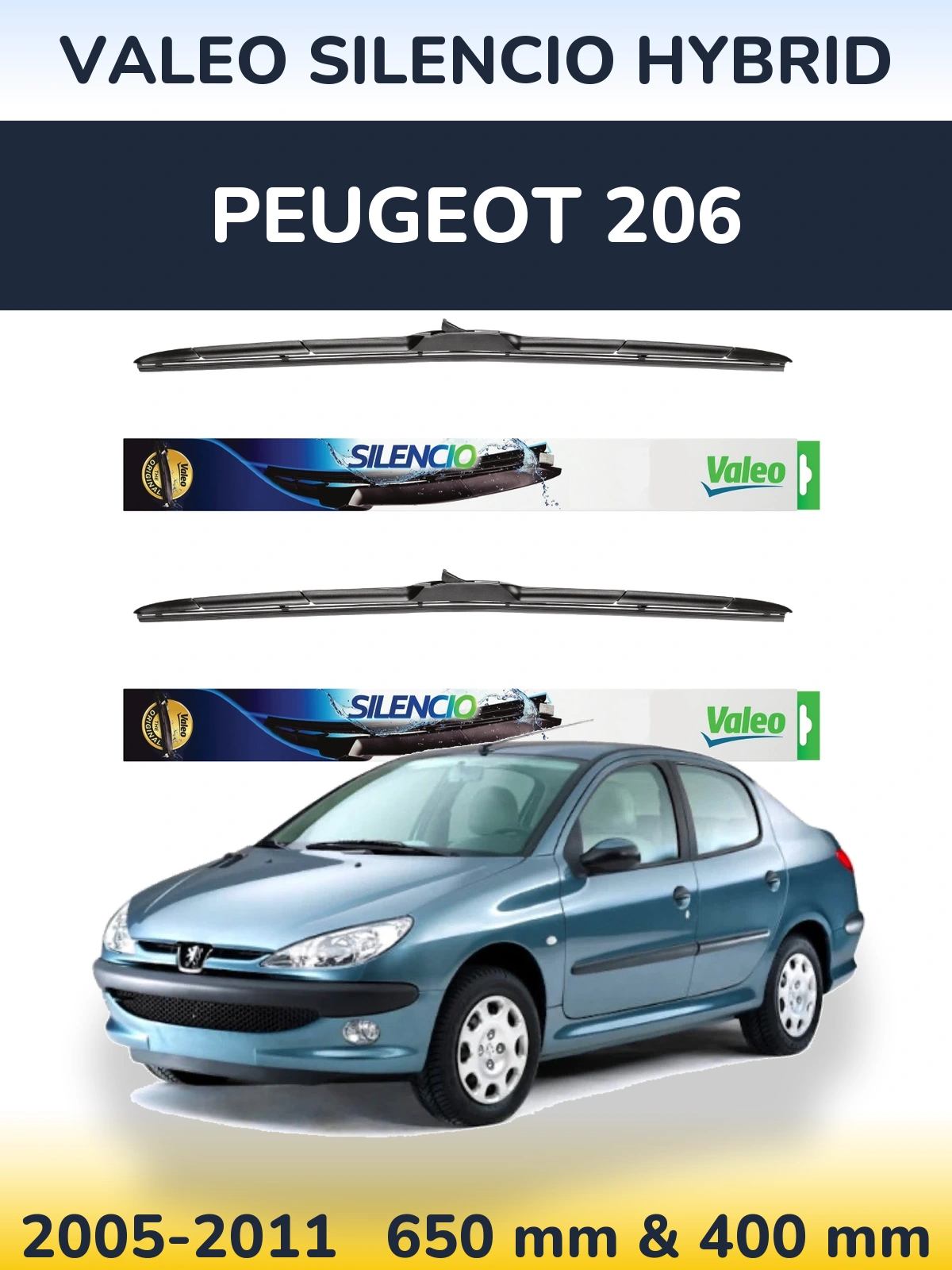 Sada předních stěračů Valeo Silencio Hybrid 650 a 400 mm pro Peugeot 206 2005-2011