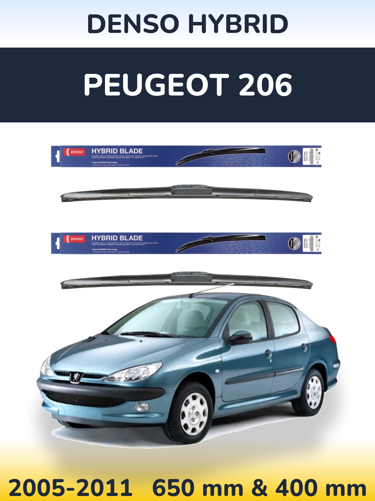 Sada předních stěračů Denso Hybrid 650 a 400 mm pro Peugeot 206 2005-2011