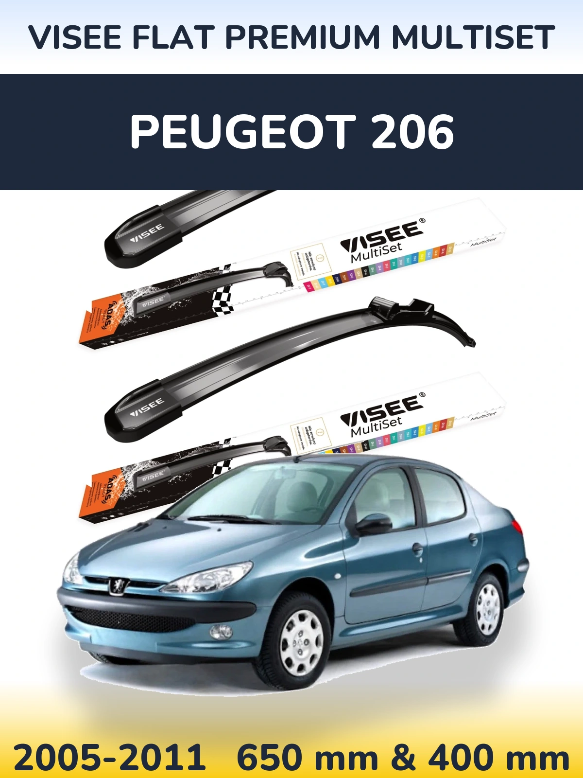 Sada předních stěračů VISEE FLAT PREMIUM MultiSet 650 a 400 mm pro Peugeot 206 2005-2011