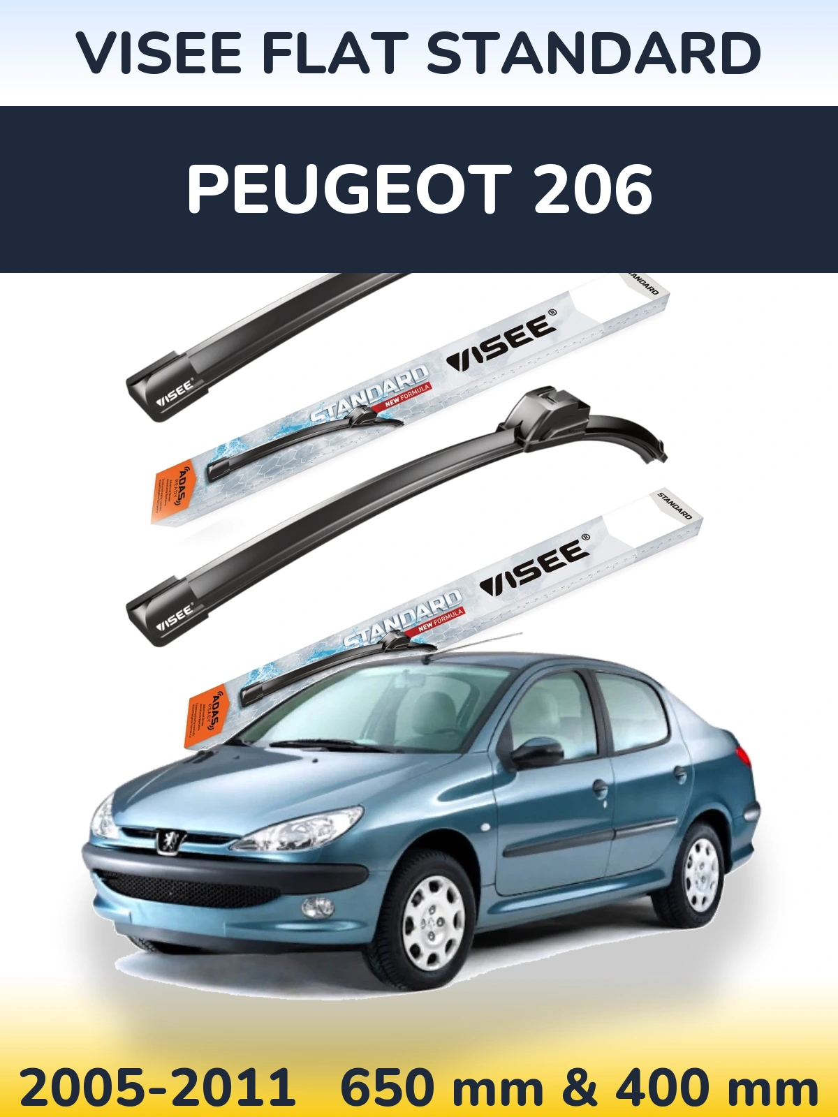 Sada předních stěračů VISEE FLAT STANDARD 650 a 400 mm pro Peugeot 206 2005-2011