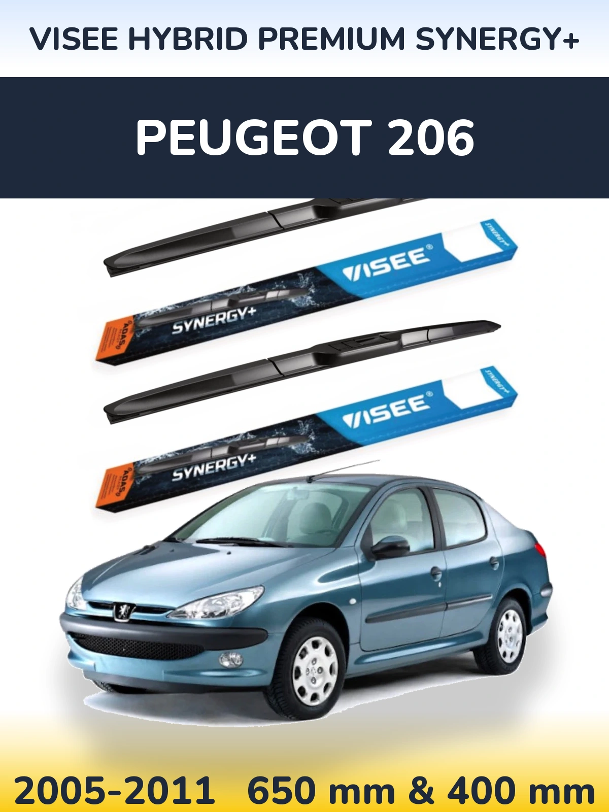Sada předních stěračů VISEE HYBRID PREMIUM SYNERGY+ 650 a 400 mm pro Peugeot 206 2005-2011