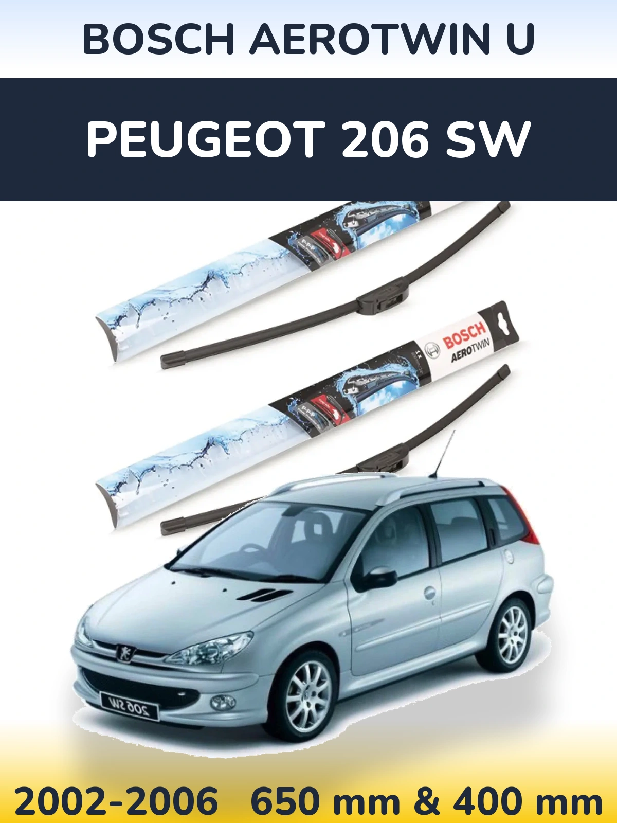 Sada předních stěračů BOSCH AeroTwin U 650 a 400 mm pro Peugeot 206 SW 2002-2006