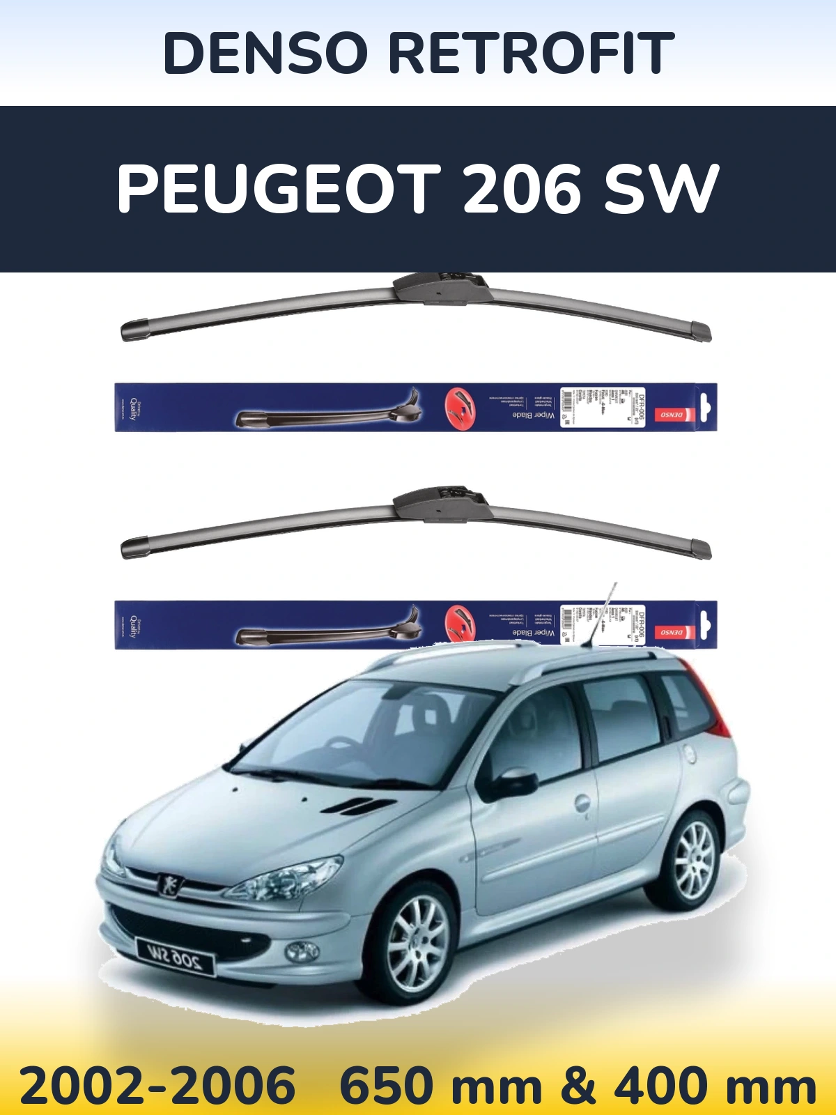 Комплект передніх щіток Denso Retrofit 650 & 400 мм для Peugeot 206 SW 2002-2006