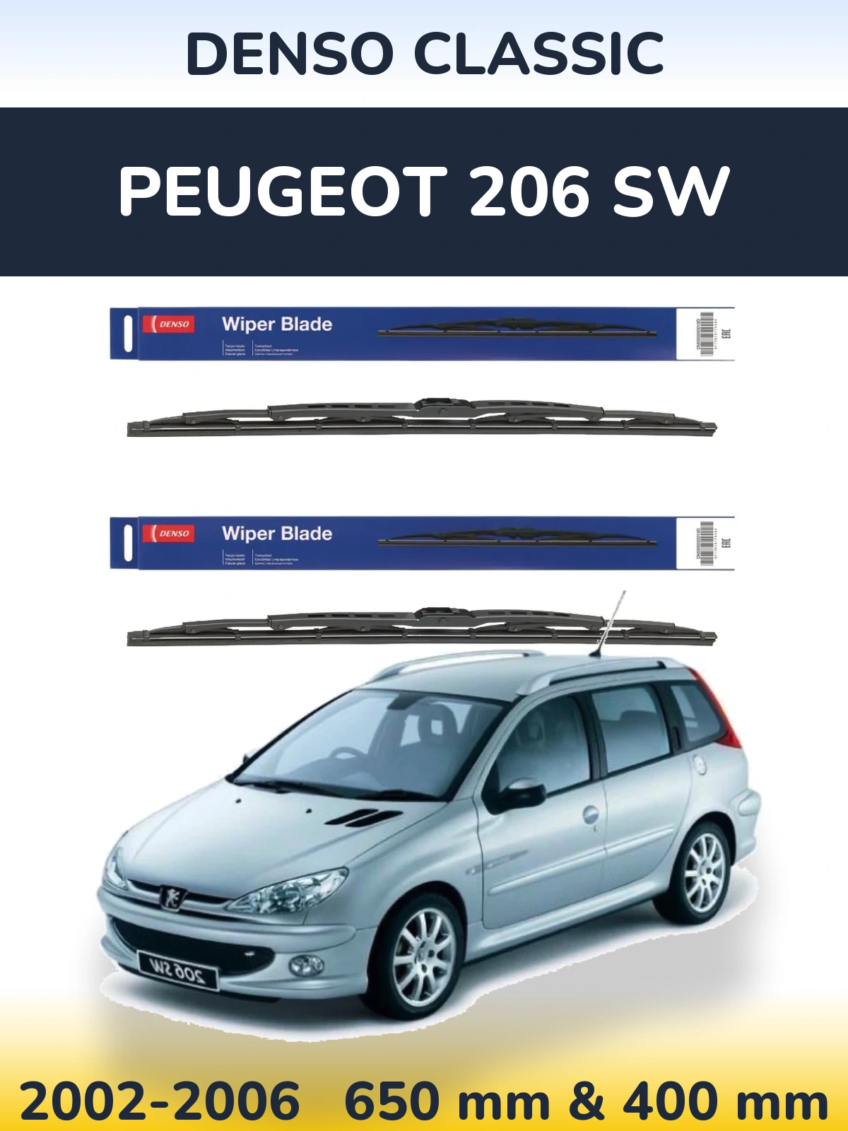Sada předních stěračů Denso Classic 650 a 400 mm pro Peugeot 206 SW 2002-2006