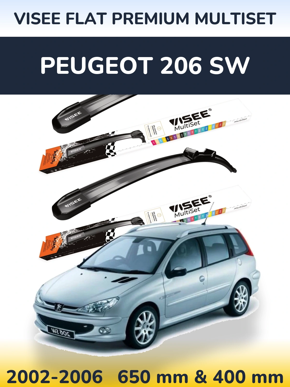 Sada předních stěračů VISEE FLAT PREMIUM MultiSet 650 a 400 mm pro Peugeot 206 SW 2002-2006