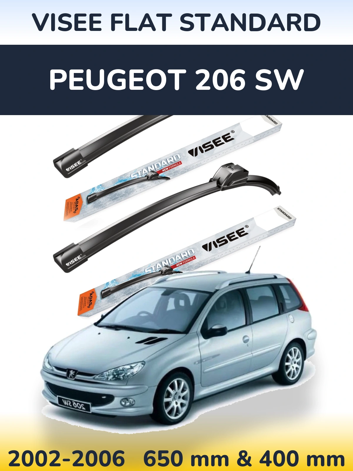 Sada předních stěračů VISEE FLAT STANDARD 650 a 400 mm pro Peugeot 206 SW 2002-2006
