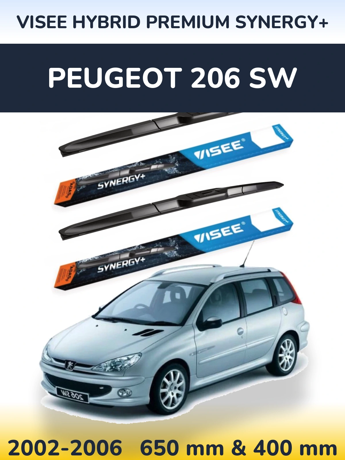 Комплект передніх щіток VISEE HYBRID PREMIUM SYNERGY+ 650 & 400 мм для Peugeot 206 SW 2002-2006