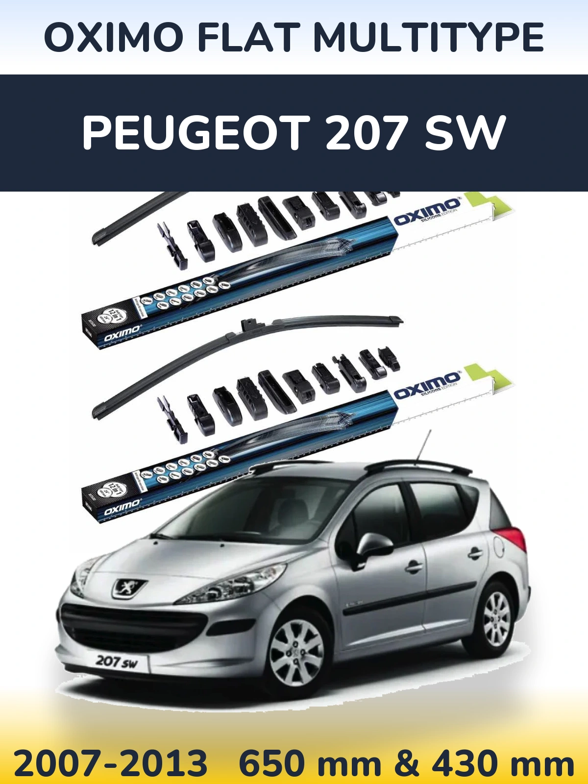 Sada předních stěračů Oximo Flat MultiType 650 a 430 mm pro Peugeot 207 SW 2007-2013