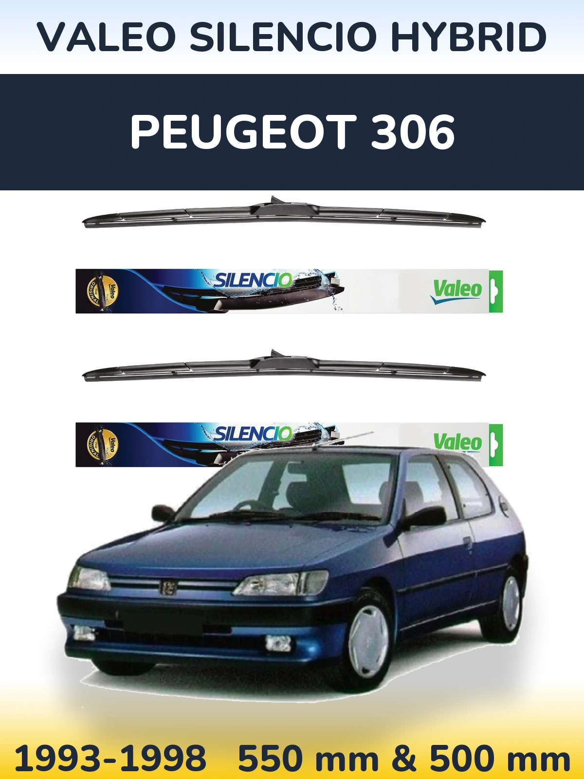 Sada předních stěračů Valeo Silencio Hybrid 550 a 500 mm pro Peugeot 306 1993-1998