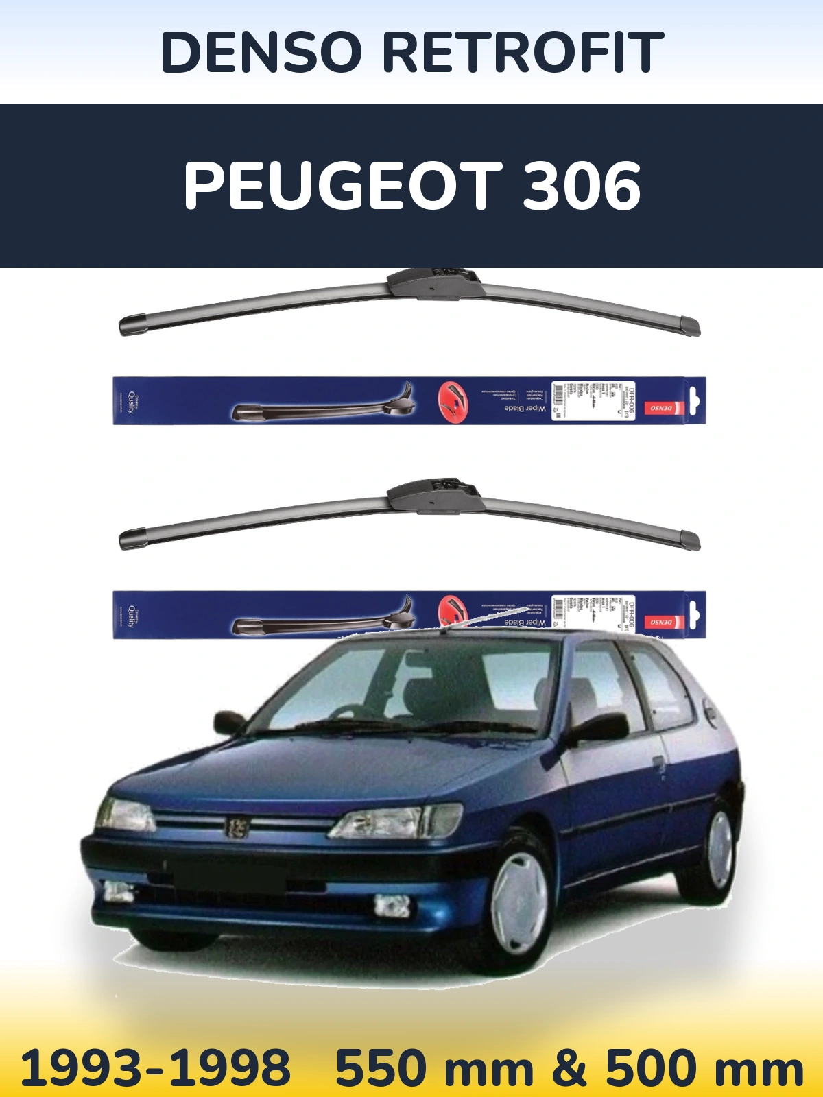 Sada předních stěračů Denso Retrofit 550 a 500 mm pro Peugeot 306 1993-1998