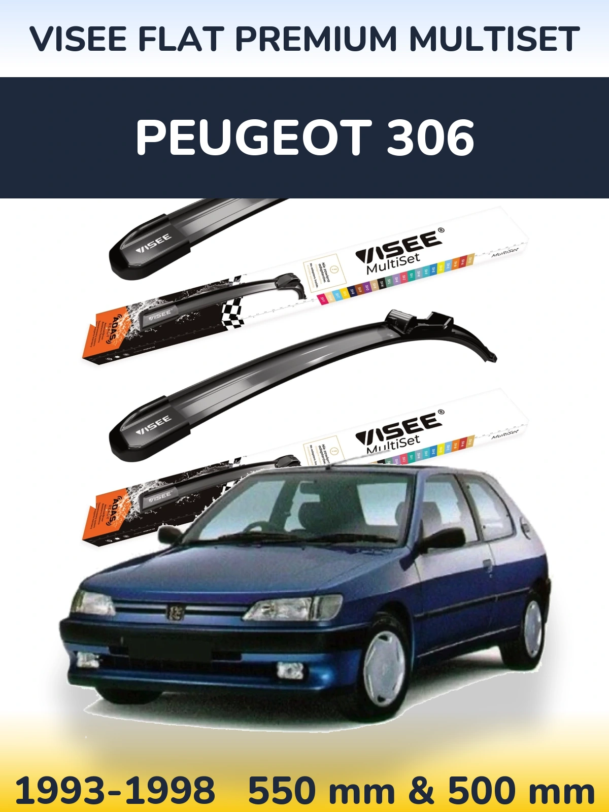 Sada předních stěračů VISEE FLAT PREMIUM MultiSet 550 a 500 mm pro Peugeot 306 1993-1998