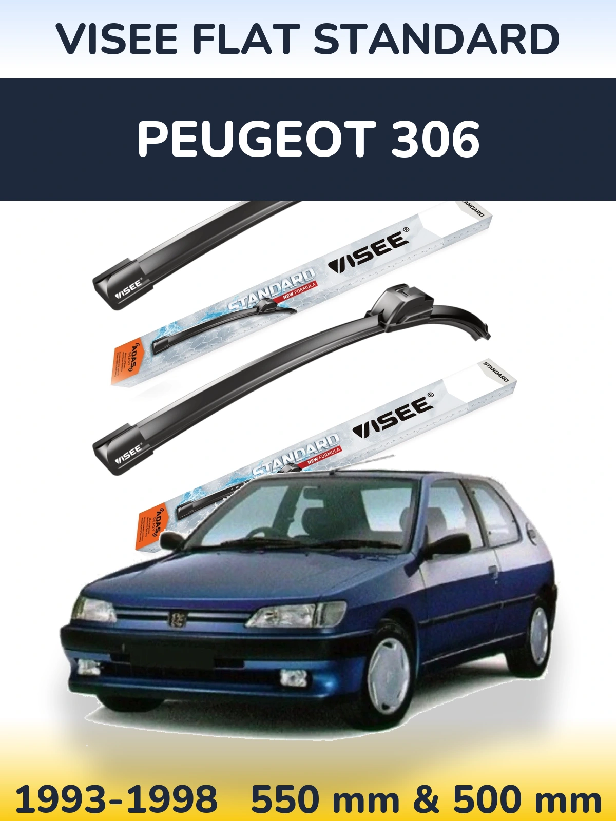 Sada předních stěračů VISEE FLAT STANDARD 550 a 500 mm pro Peugeot 306 1993-1998