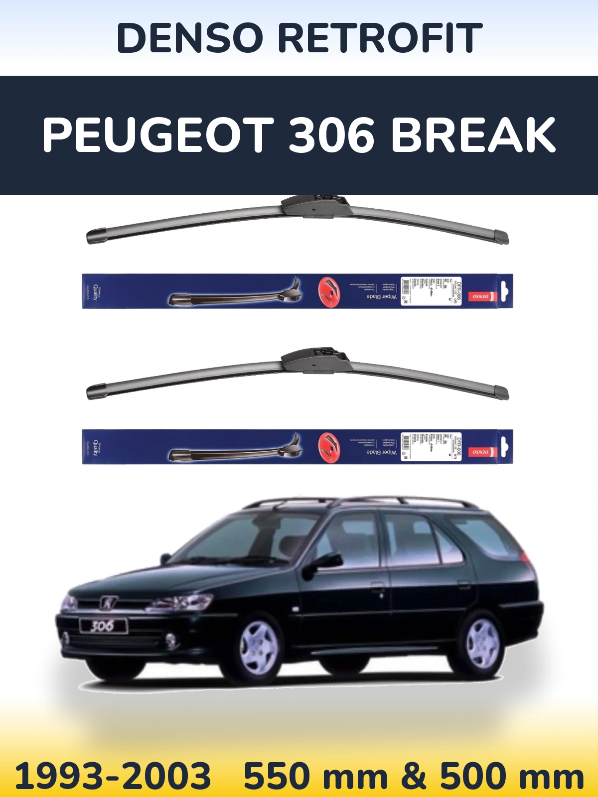 Sada předních stěračů Denso Retrofit 550 a 500 mm pro Peugeot 306 Break 1993-2003