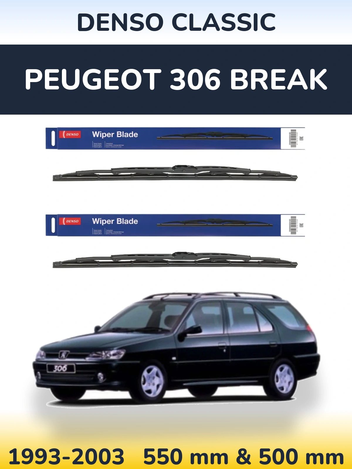 Sada předních stěračů Denso Classic 550 a 500 mm pro Peugeot 306 Break 1993-2003