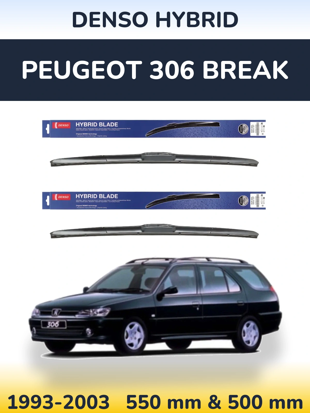 Sada předních stěračů Denso Hybrid 550 a 500 mm pro Peugeot 306 Break 1993-2003