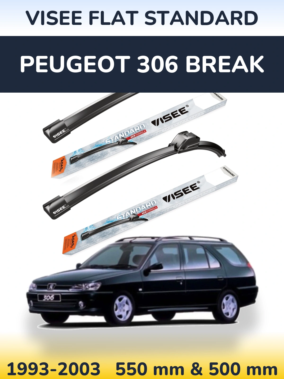 Sada předních stěračů VISEE FLAT STANDARD 550 a 500 mm pro Peugeot 306 Break 1993-2003