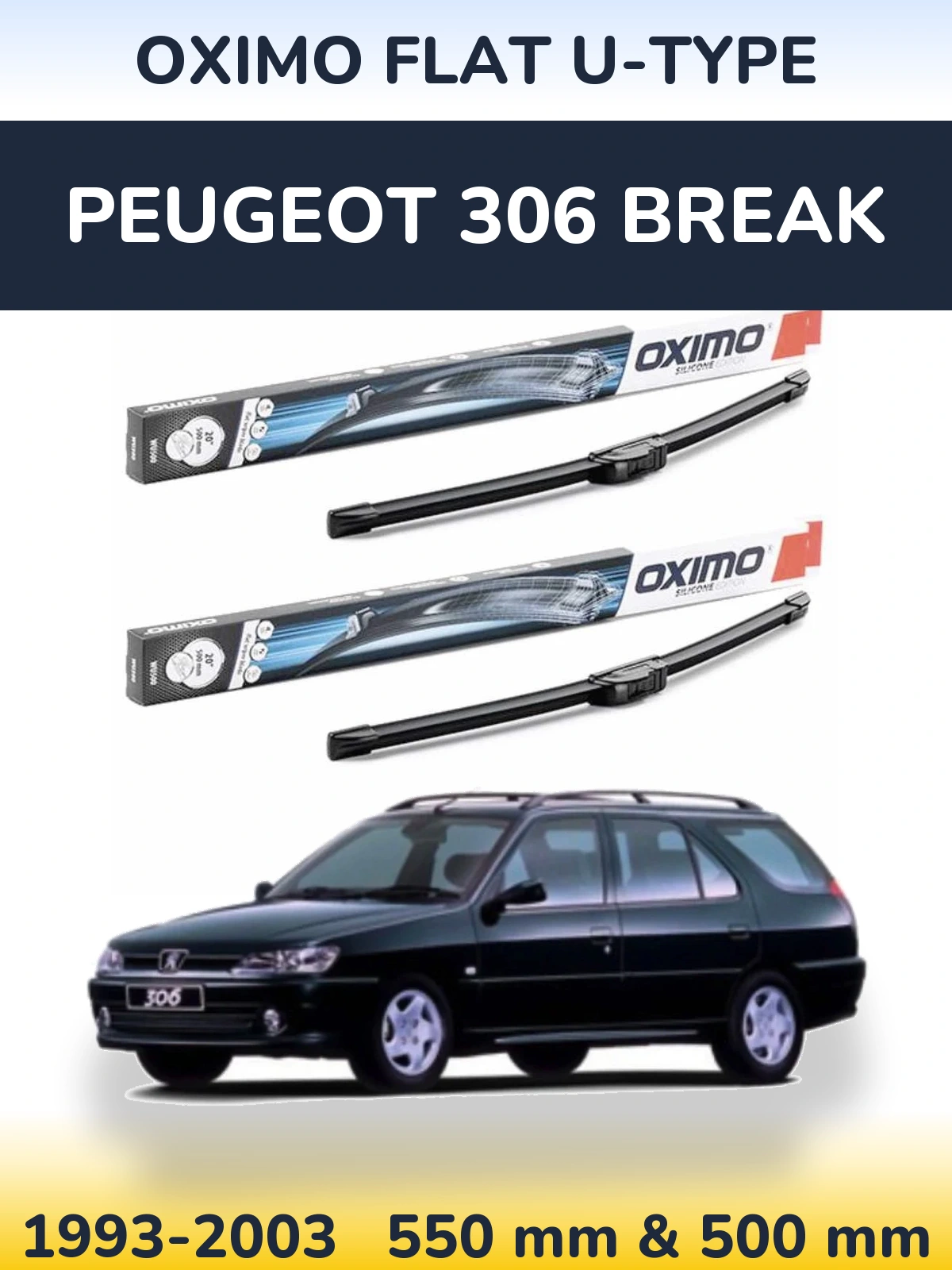 Sada předních stěračů Oximo Flat U-type 550 a 500 mm pro Peugeot 306 Break 1993-2003