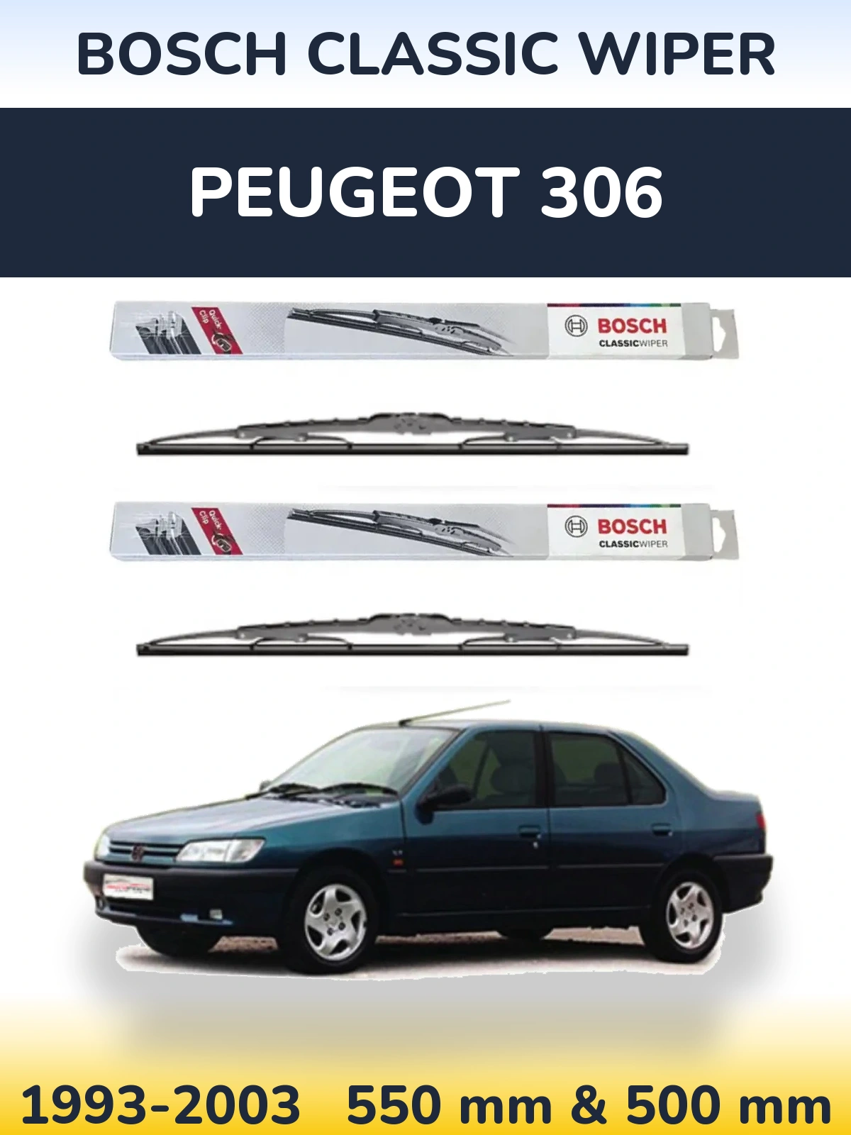 Sada předních stěračů BOSCH Classic Wiper 550 a 500 mm pro Peugeot 306 1993-2003