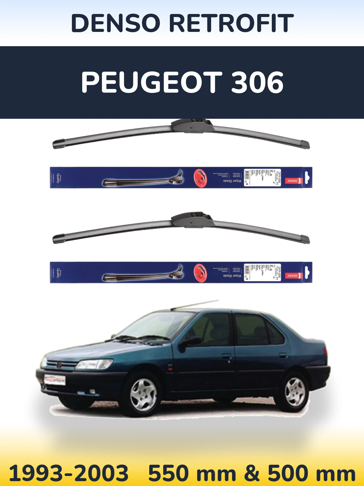 Sada předních stěračů Denso Retrofit 550 a 500 mm pro Peugeot 306 1993-2003