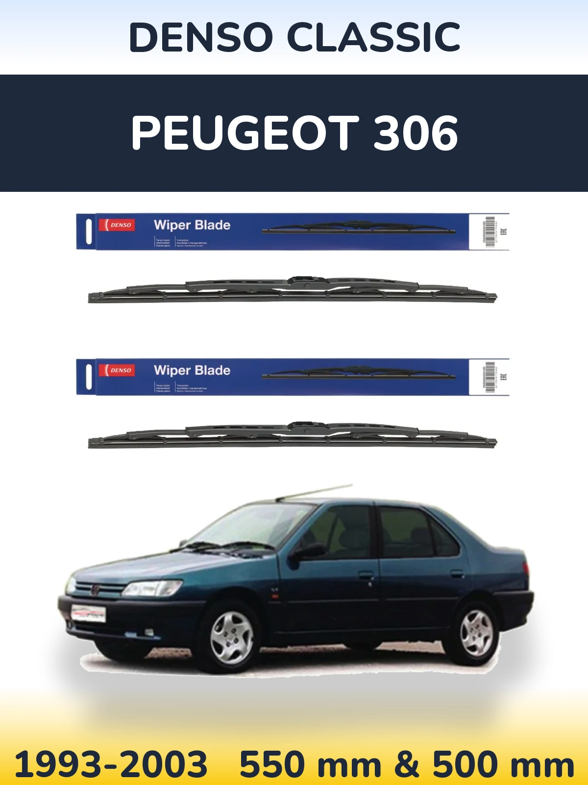 Sada předních stěračů Denso Classic 550 a 500 mm pro Peugeot 306 1993-2003