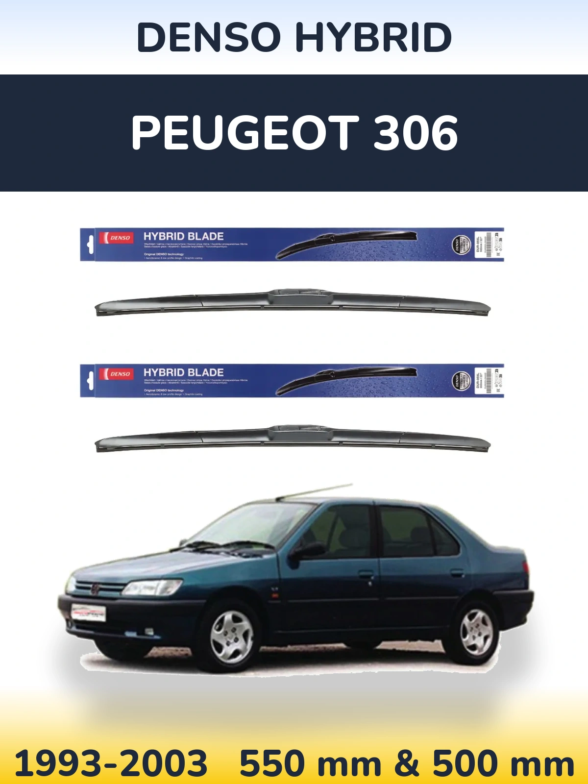 Sada předních stěračů Denso Hybrid 550 a 500 mm pro Peugeot 306 1993-2003