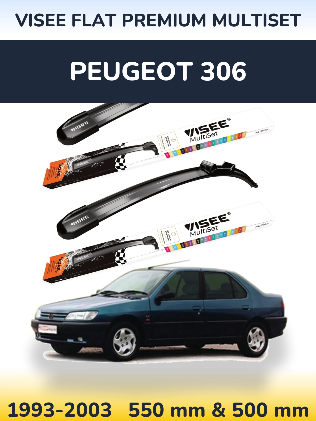 Sada předních stěračů VISEE FLAT PREMIUM MultiSet 550 a 500 mm pro Peugeot 306 1993-2003