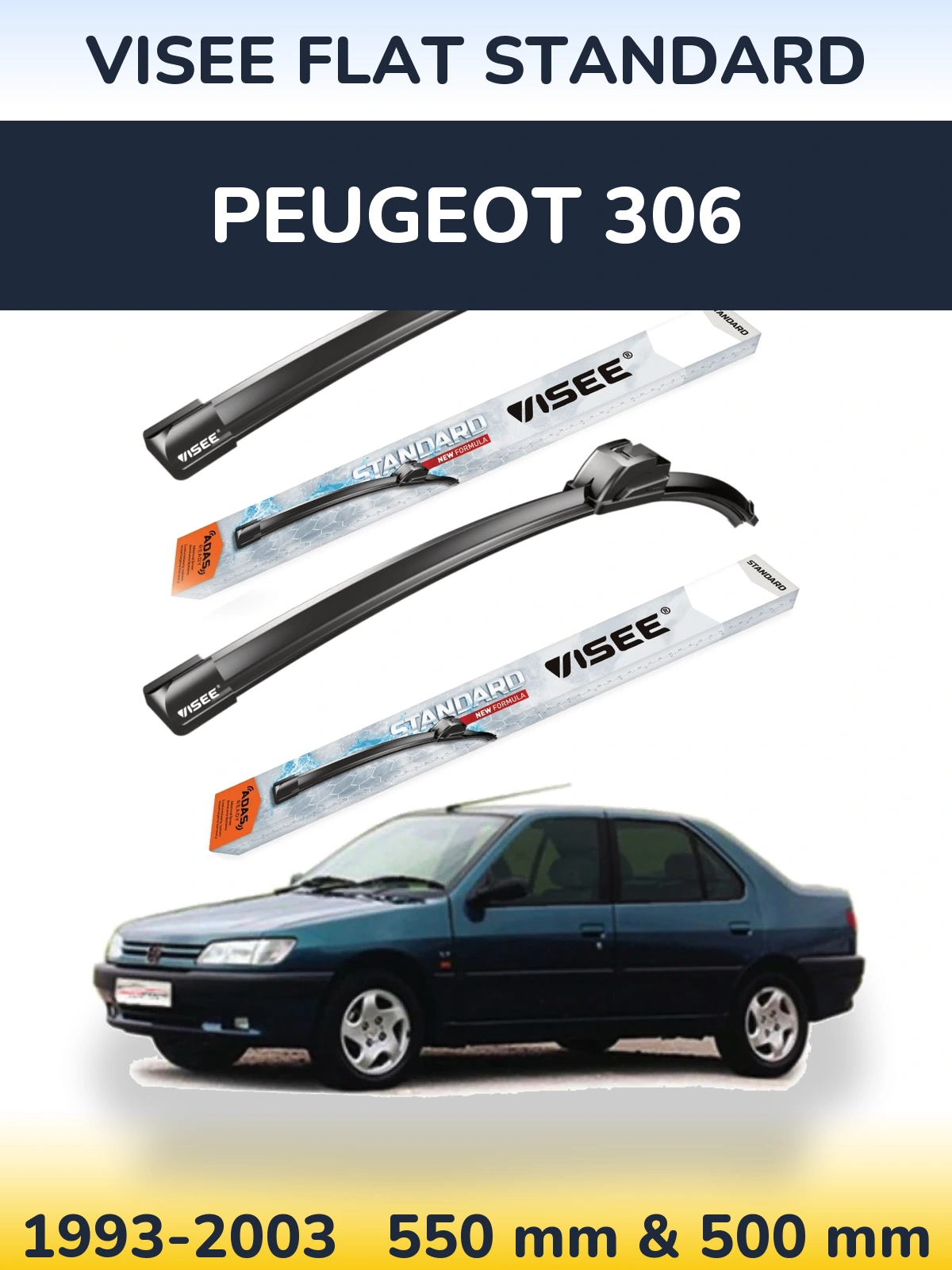 Sada předních stěračů VISEE FLAT STANDARD 550 a 500 mm pro Peugeot 306 1993-2003