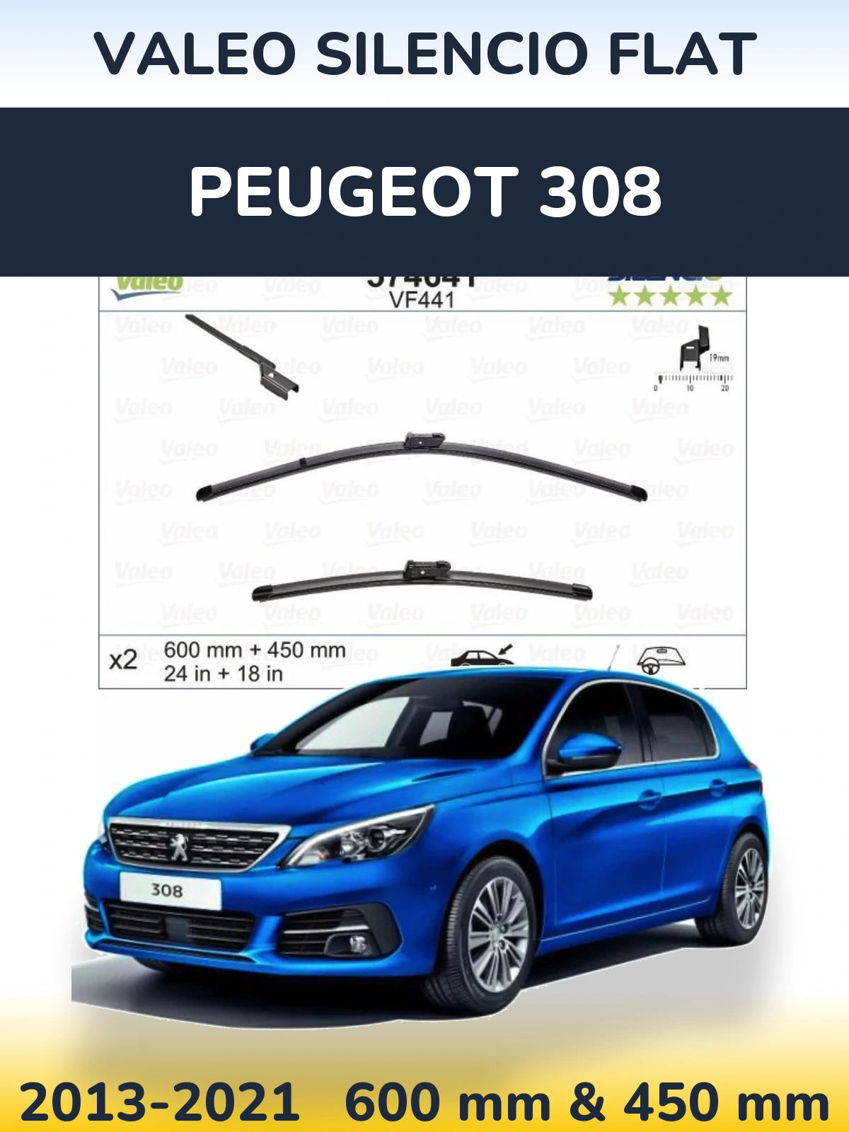 Sada předních stěračů Valeo Silencio Flat 600 a 450 mm pro Peugeot 308 2013-2021