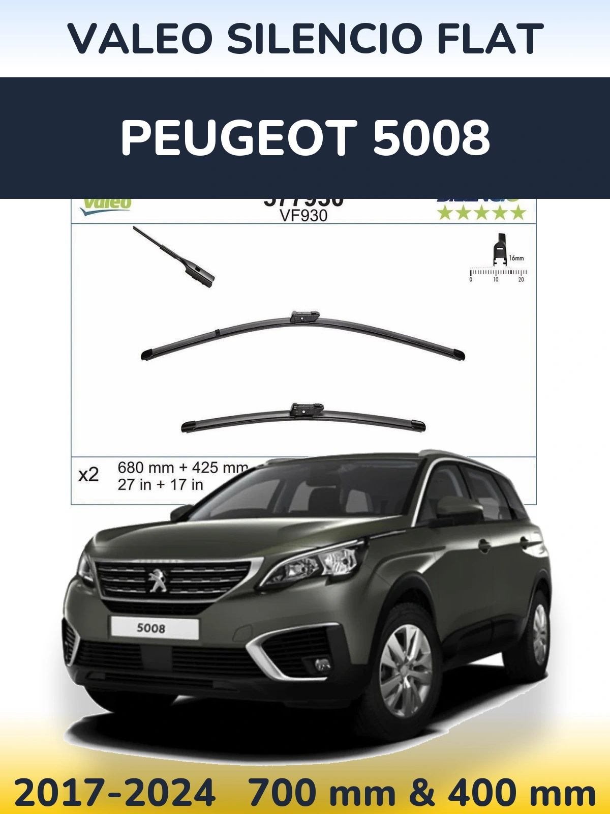 Sada předních stěračů Valeo Silencio Flat 680 a 400 mm pro Peugeot 5008 2017-2024