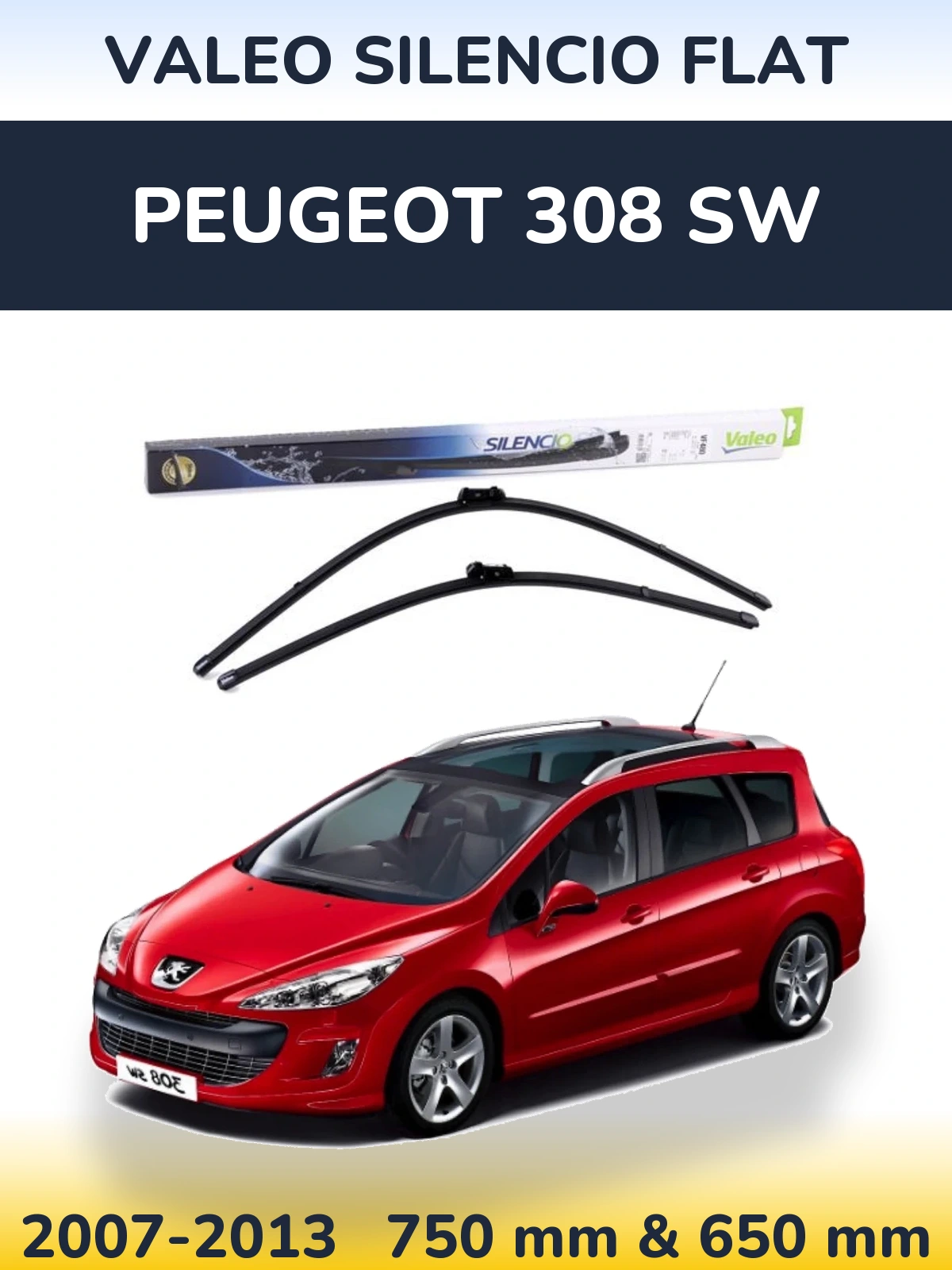 Sada předních stěračů Valeo Silencio Flat 750 a 650 mm pro Peugeot 308 SW 2007-2013