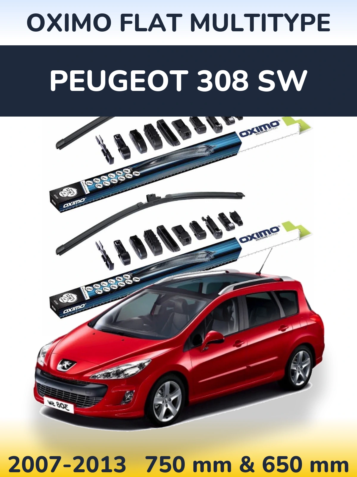 Sada předních stěračů Oximo Flat MultiType 750 a 650 mm pro Peugeot 308 SW 2007-2013