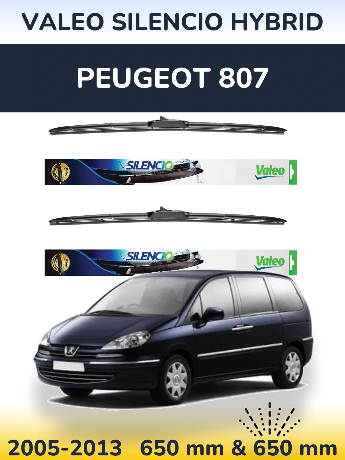 Sada předních stěračů Valeo Silencio Hybrid 650 a 650 mm pro Peugeot 807 2005-2013