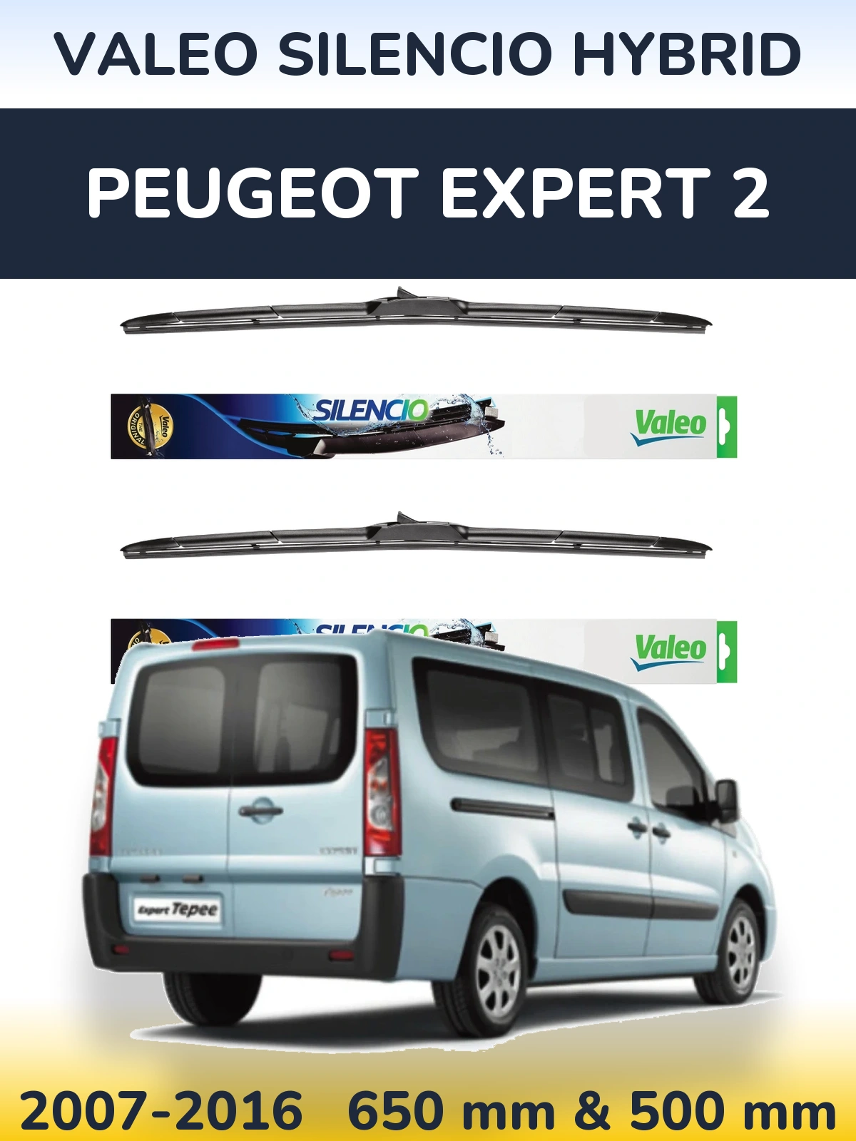Sada předních stěračů Valeo Silencio Hybrid 650 a 500 mm pro Peugeot Expert 2 2007-2016