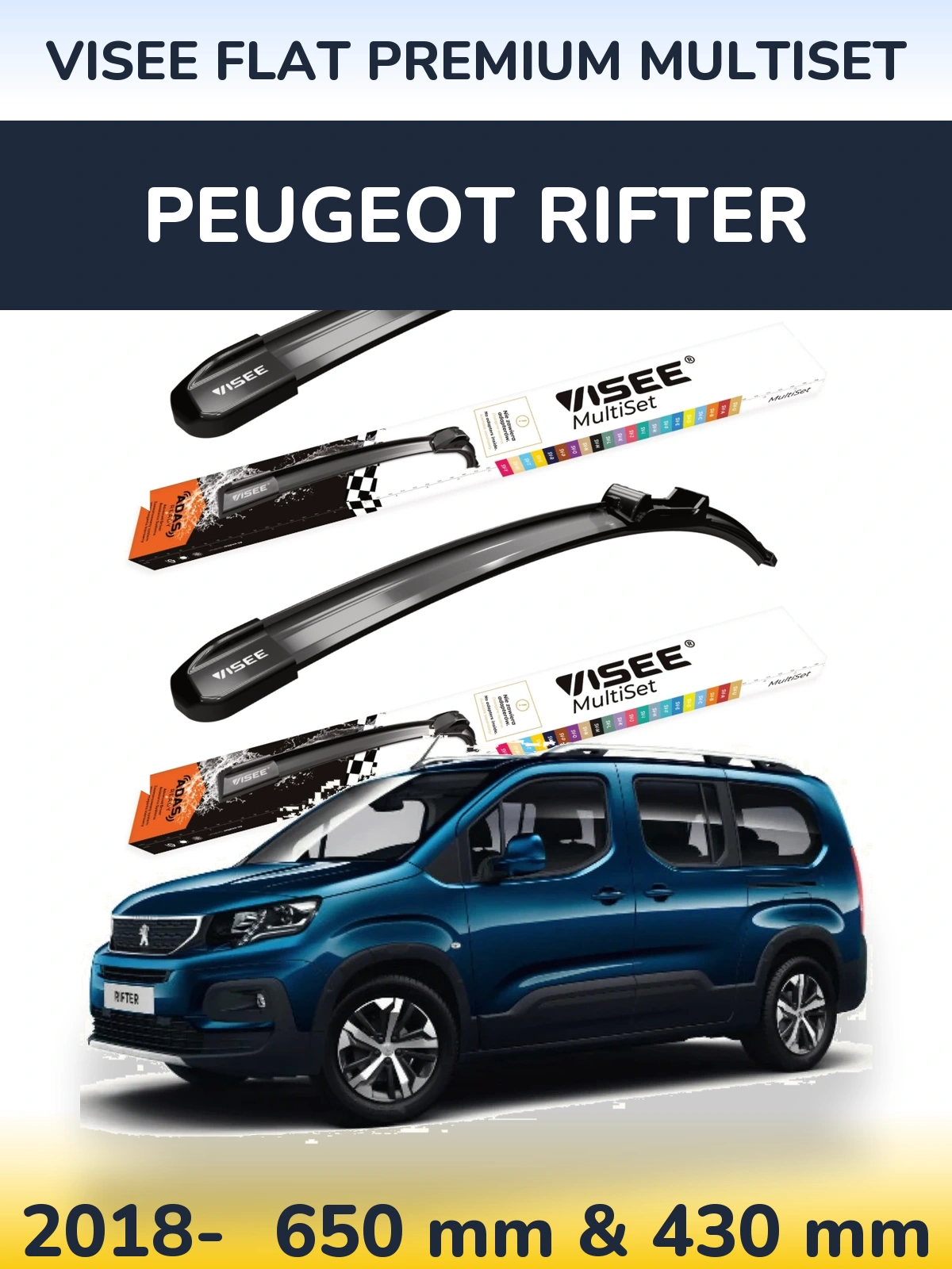 Sada předních stěračů VISEE FLAT PREMIUM MultiSet 650 a 430 mm pro Peugeot Rifter 2018-2026