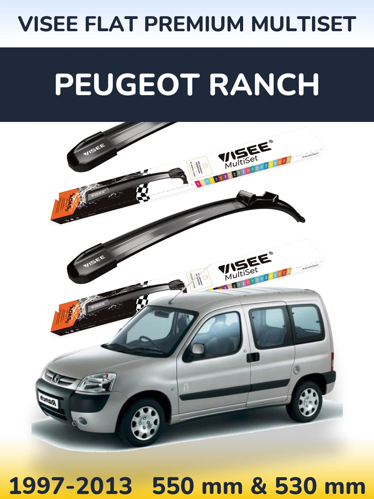 Sada předních stěračů VISEE FLAT PREMIUM MultiSet 550 a 530 mm pro Peugeot Ranch 1997-2013