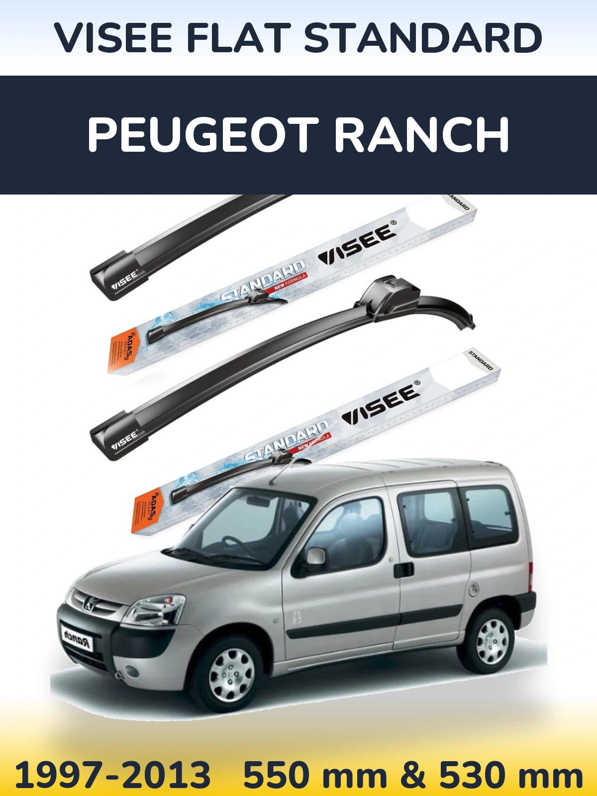 Sada předních stěračů VISEE FLAT STANDARD 550 a 530 mm pro Peugeot Ranch 1997-2013