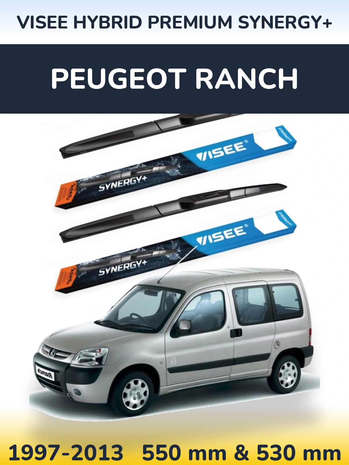 Sada předních stěračů VISEE HYBRID PREMIUM SYNERGY+ 550 a 530 mm pro Peugeot Ranch 1997-2013