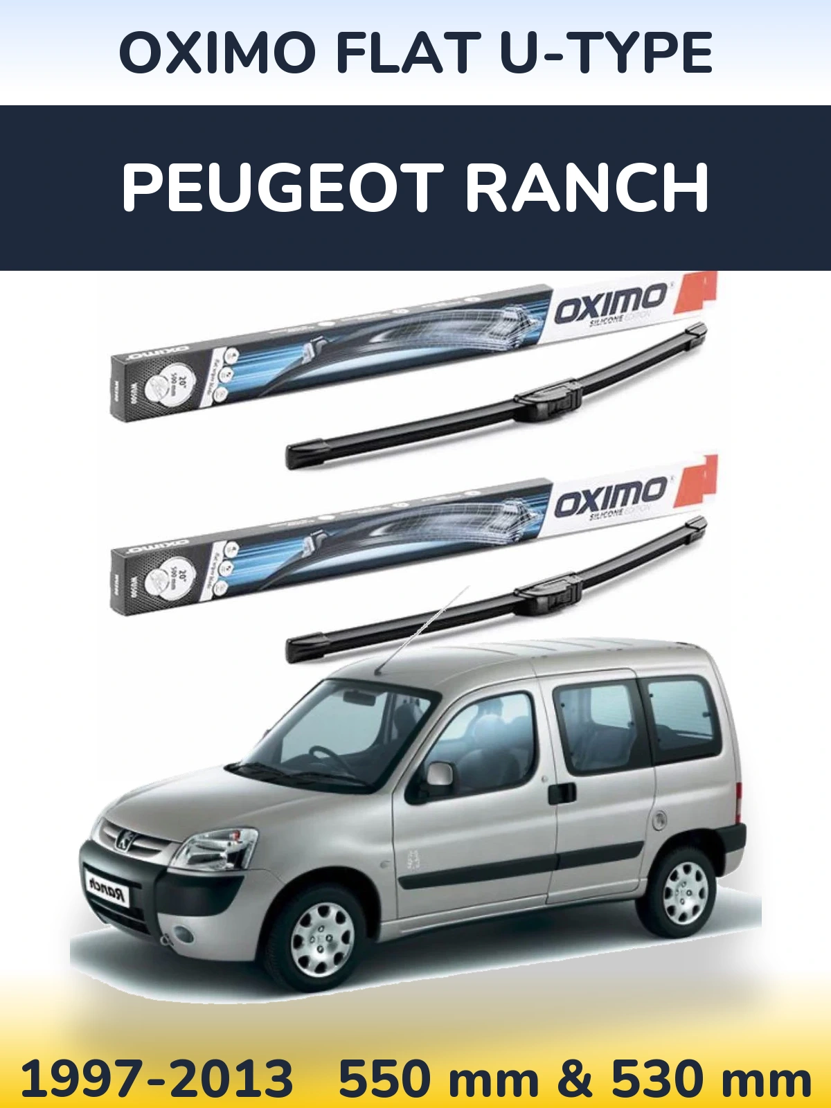 Sada předních stěračů Oximo Flat U-type 550 a 530 mm pro Peugeot Ranch 1997-2013