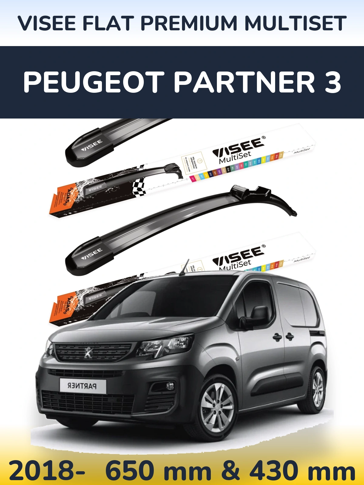 Sada předních stěračů VISEE FLAT PREMIUM MultiSet 650 a 430 mm pro Peugeot Partner 3 2018-2026