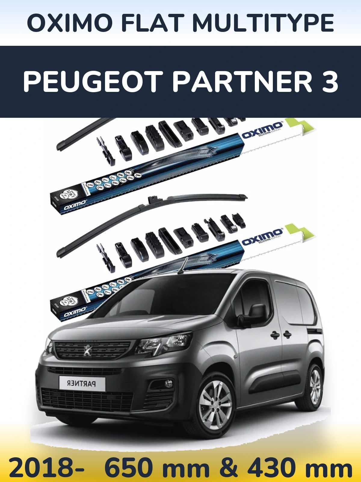 Sada předních stěračů Oximo Flat MultiType 650 a 430 mm pro Peugeot Partner 3 2018-2026