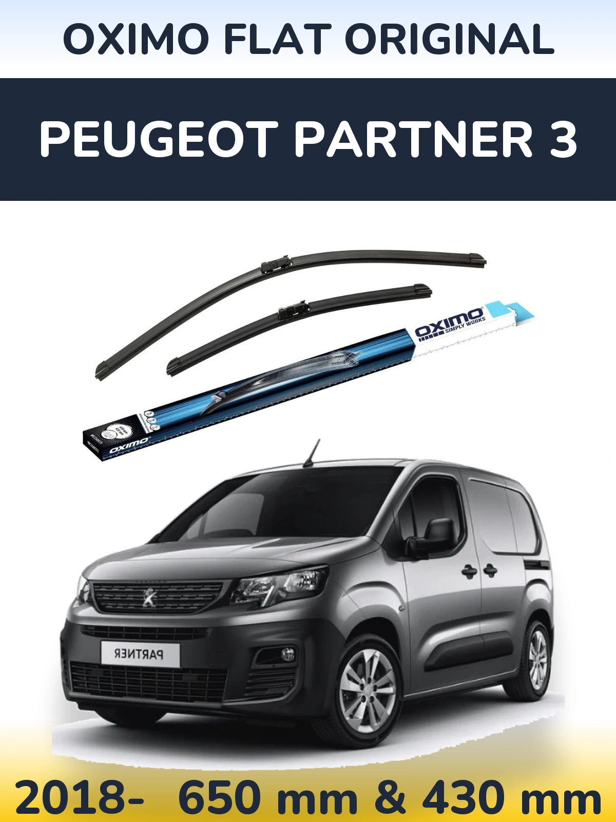 Sada předních stěračů Oximo Flat Original 650 a 430 mm pro Peugeot Partner 3 2018-2026