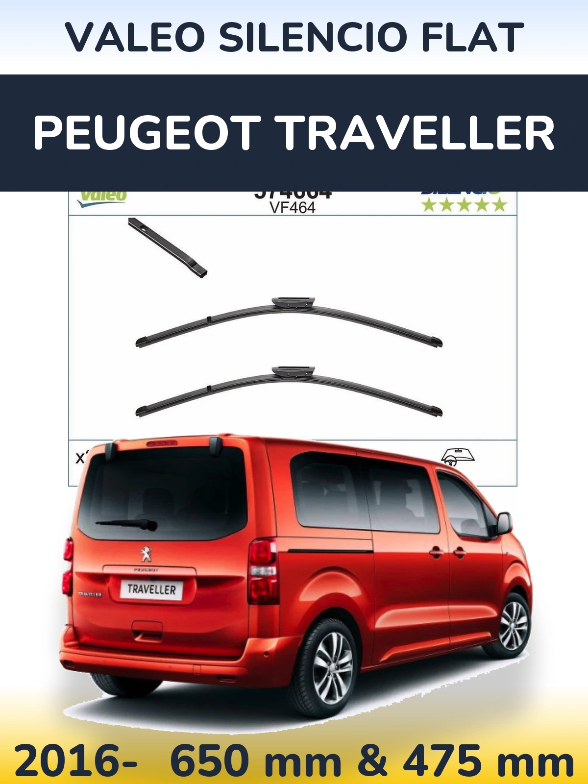 Sada předních stěračů Valeo Silencio Flat 650 a 450 mm pro Peugeot Traveller 2016-2026