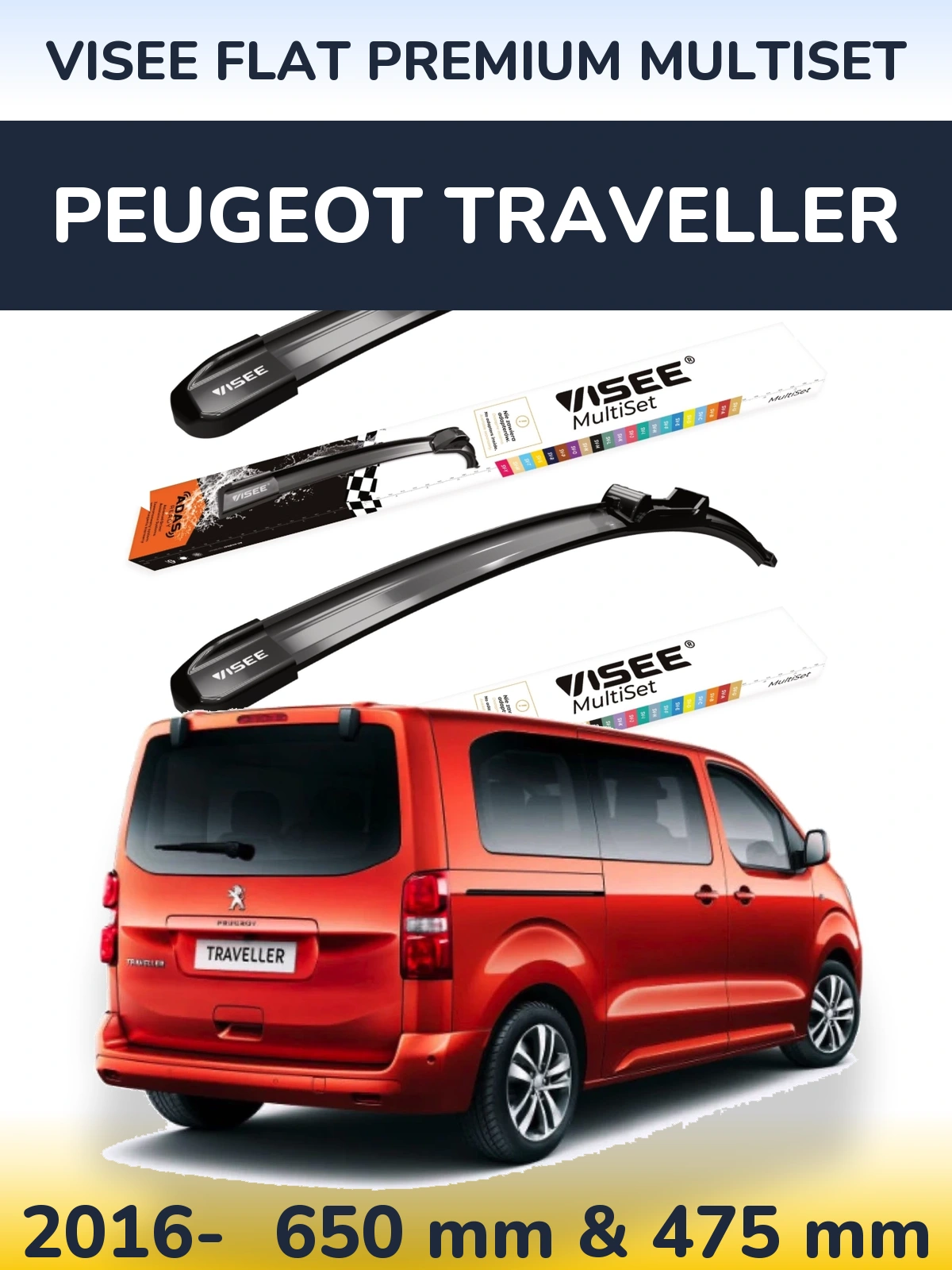 Sada předních stěračů VISEE FLAT PREMIUM MultiSet 650 a 475 mm pro Peugeot Traveller 2016-2026