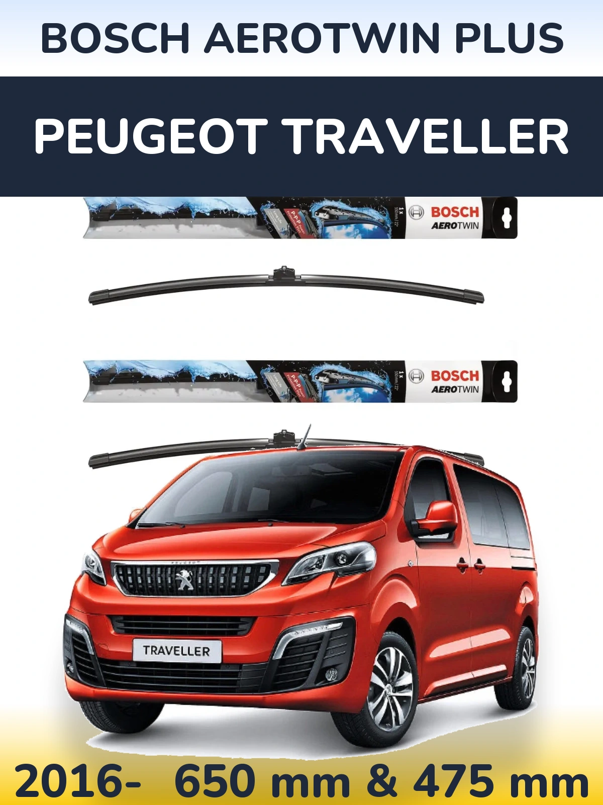 Комплект передніх щіток BOSCH AeroTwin Plus 650 & 475 мм для Peugeot Traveller 2016-2026