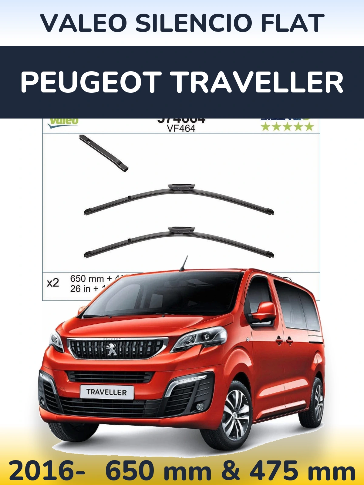 Sada předních stěračů Valeo Silencio Flat 650 a 450 mm pro Peugeot Traveller 2016-2026