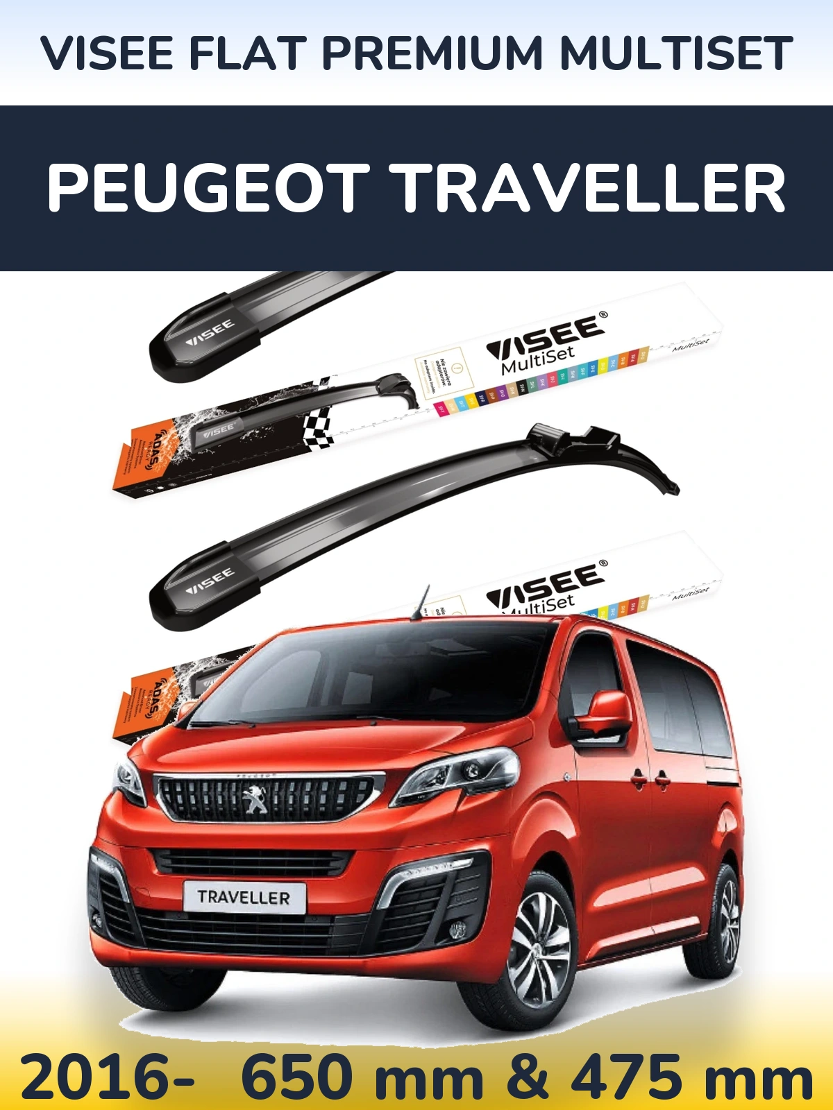 Sada předních stěračů VISEE FLAT PREMIUM MultiSet 650 a 475 mm pro Peugeot Traveller 2016-2026